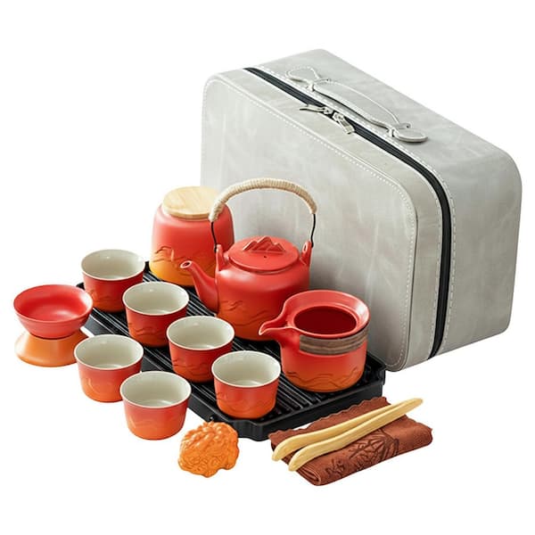 15-Piece Chinese Japanese Porcelain Tea Set with Teapot, Tea Tray, Color-Changing Pixiu Tea Pet, Travel Case