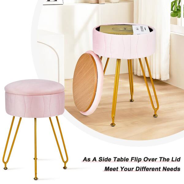 VECELO Vanity Stool with Storage, Pink Velvet Makeup Chair, Metal Legs, Anti-Slip Feet for Bedroom, Living Room, Entryway