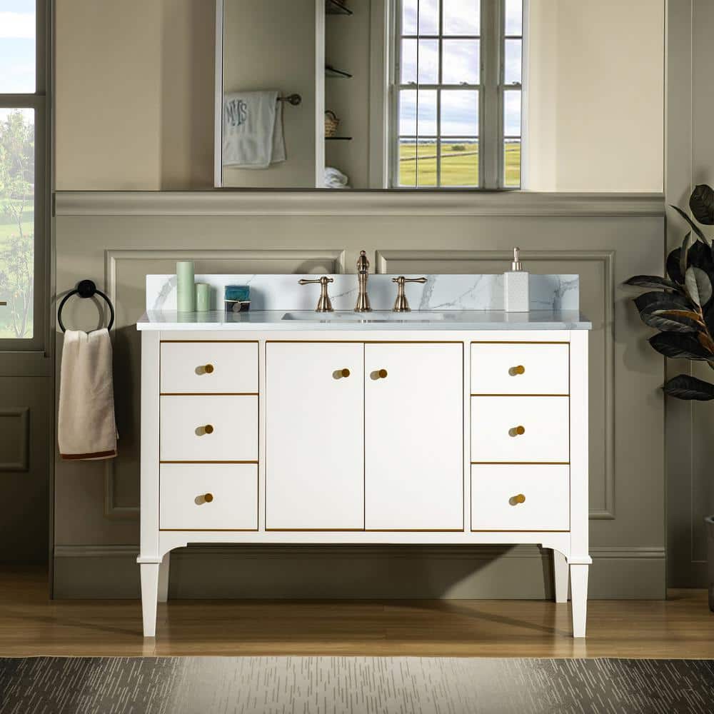 WOODBRIDGE Roma 49 in. W x 22 in. D Bath Vanity in White with Engineered Stone Vanity Top in
