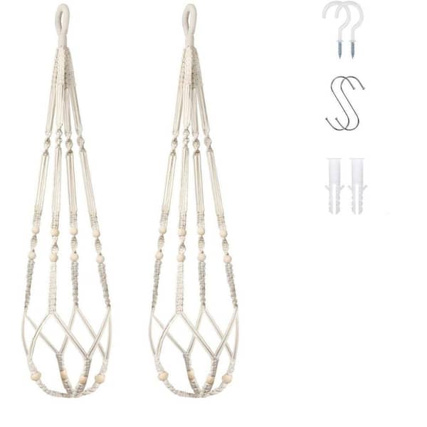 2P-Macrame 35 in. Ivory Plant Hanger w/ Wood Beads - Boho Planter Fiber Flower Pot Holder (No Tassels, Pot Not Included)