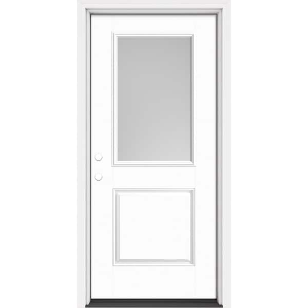 Masonite Performance Door System 36 in. x 80 in. 1/2 Lite Pearl Right-Hand Inswing White Smooth Fiberglass Prehung Front Door