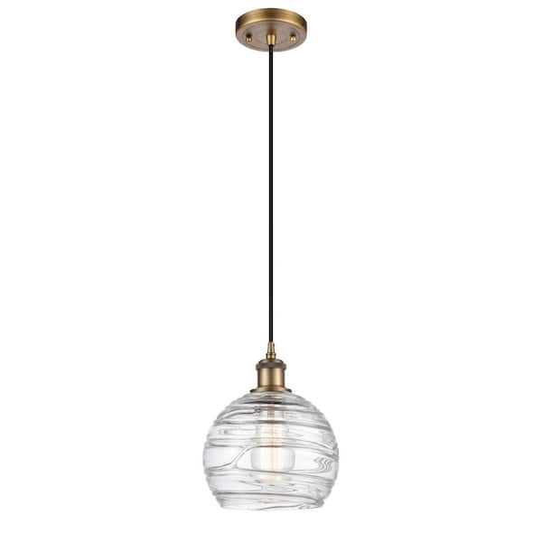 Innovations Athens Deco Swirl 1-Light Brushed Brass Clear Deco Swirl Shaded Pendant Light with Clear Deco Swirl Glass Shade