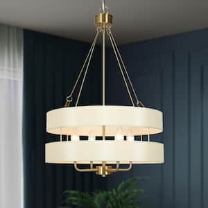 Modern Gold Drum Bedroom Chandelier, 4-Light Farmhouse Copper Gold Dining Room Chandelier with Fabric Shade
