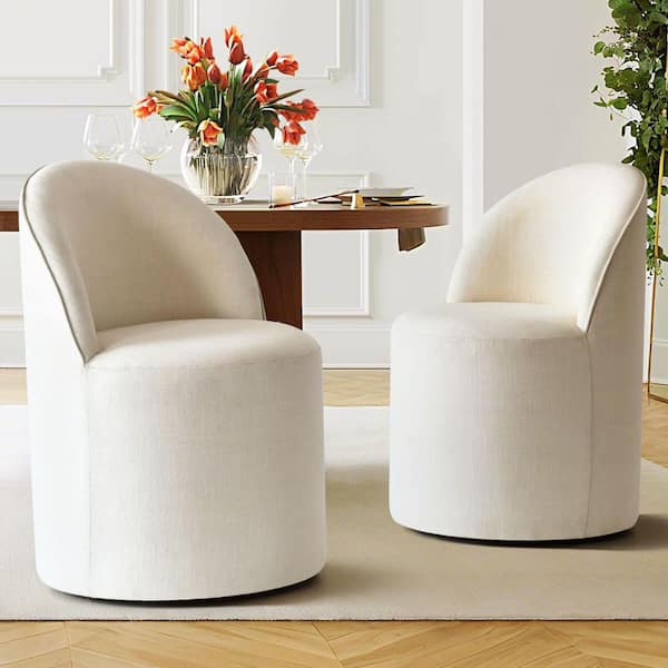 Cream Linen Upholstered Barrel Swivel Dining Chair (Set of 2)