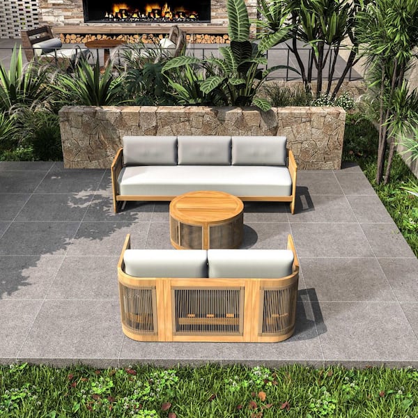 Guzal 3-Piece Acacia Wood Patio Outdoor Conversation Set with Cream Cushions