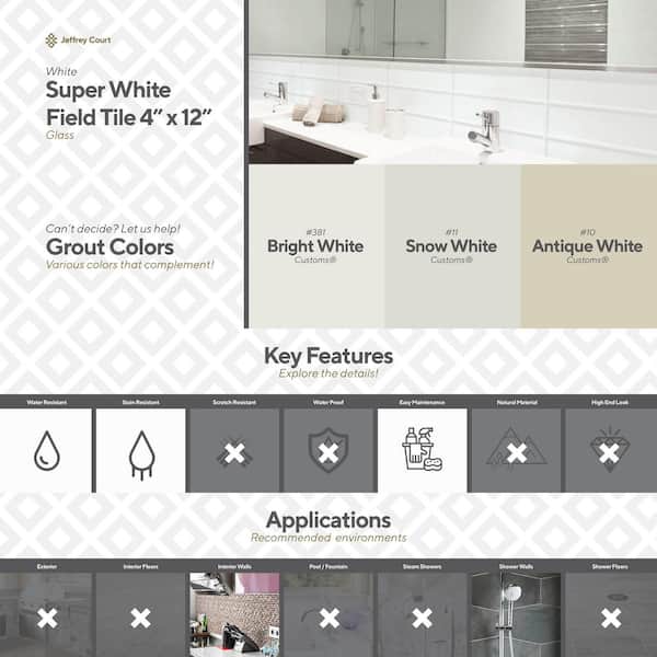 Jeffrey Court      Super White 4 in. x 12 in. Glass Wall Tile (3-Pack)