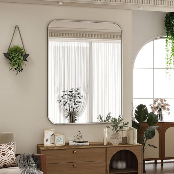 XRAMFY Silver 24 in. W x 36 in. H Rectangular Modern Aluminum Alloy Framed Rounded Wall Mirror