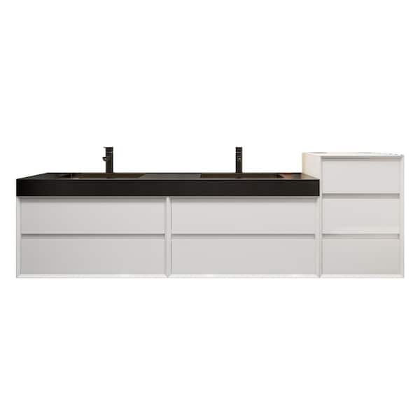 MIA 79 in. W x 20 in. D x 30 in. H Double Sink & Side Cabinet Bath Vanity in Gloss White with Black Stainless Steel Top