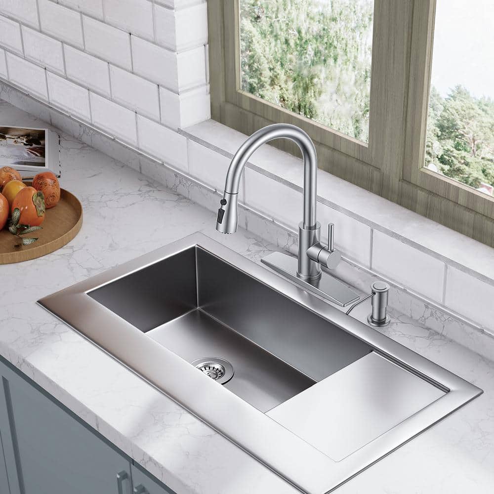 Brushed Nickel Single Handle Pull Down Kitchen Faucet with Soap Dispenser
