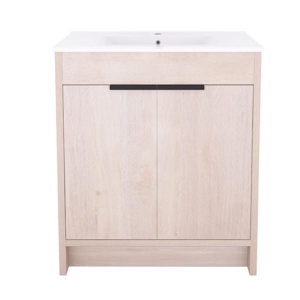 JimsMaison 30 in. W x 18 in. D x 34 in. H Freestanding Bath Vanity in Light Oak with White Ceramic Top