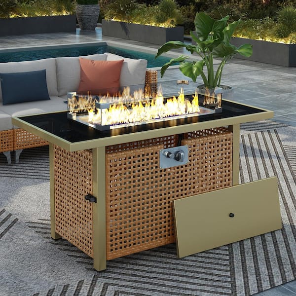 Cesicia Yellow 43 in. 60000 BTU Rectangular Wicker Outdoor Propane Gas Fire Pit Table with Glass Wind Guard