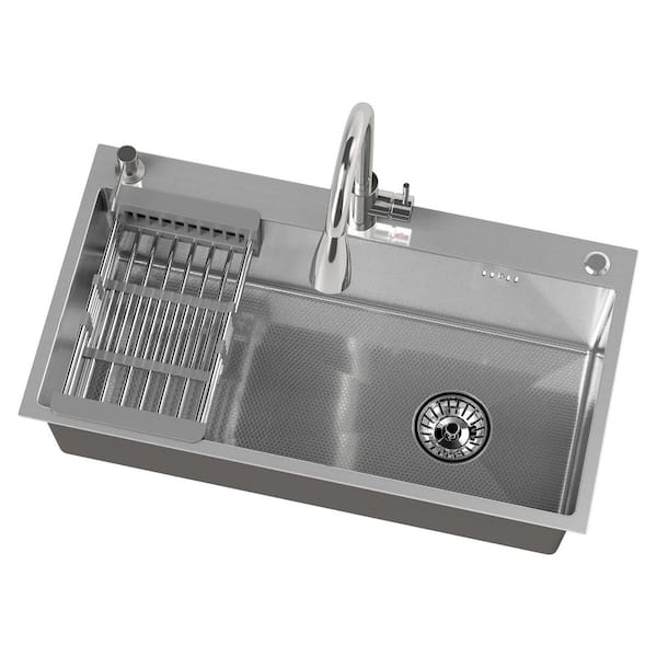 Unbranded 30 in. Drop-In/Undermount Single Bowl 16 Gauge Silver Stainless Steel Kitchen Sink with Faucet and Soap Dispenser