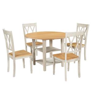 Dabe 5-Piece Round Drop Leaf White and Natural Wood Top Table Dining Set Seats 4