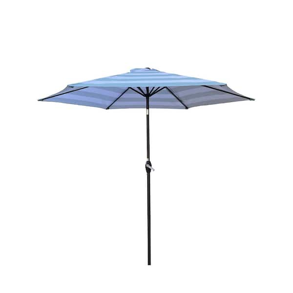 SOTEN RUGGED TABLET LLC 9 ft. Push Button Tilt Patio Market Umbrella with Wind Vent, UV-Protect, Kit to Backyard, Poolside, Patio, Blue Stripe