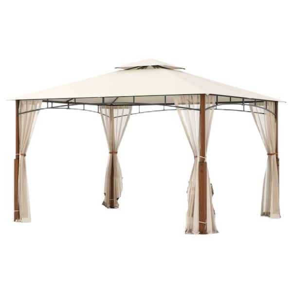 Kadehome 12 ft. x 10 ft. Beige Grill Gazebo for Outdoor Patio Metal with Mosquito Netting and 2-Tier Canopy Roof