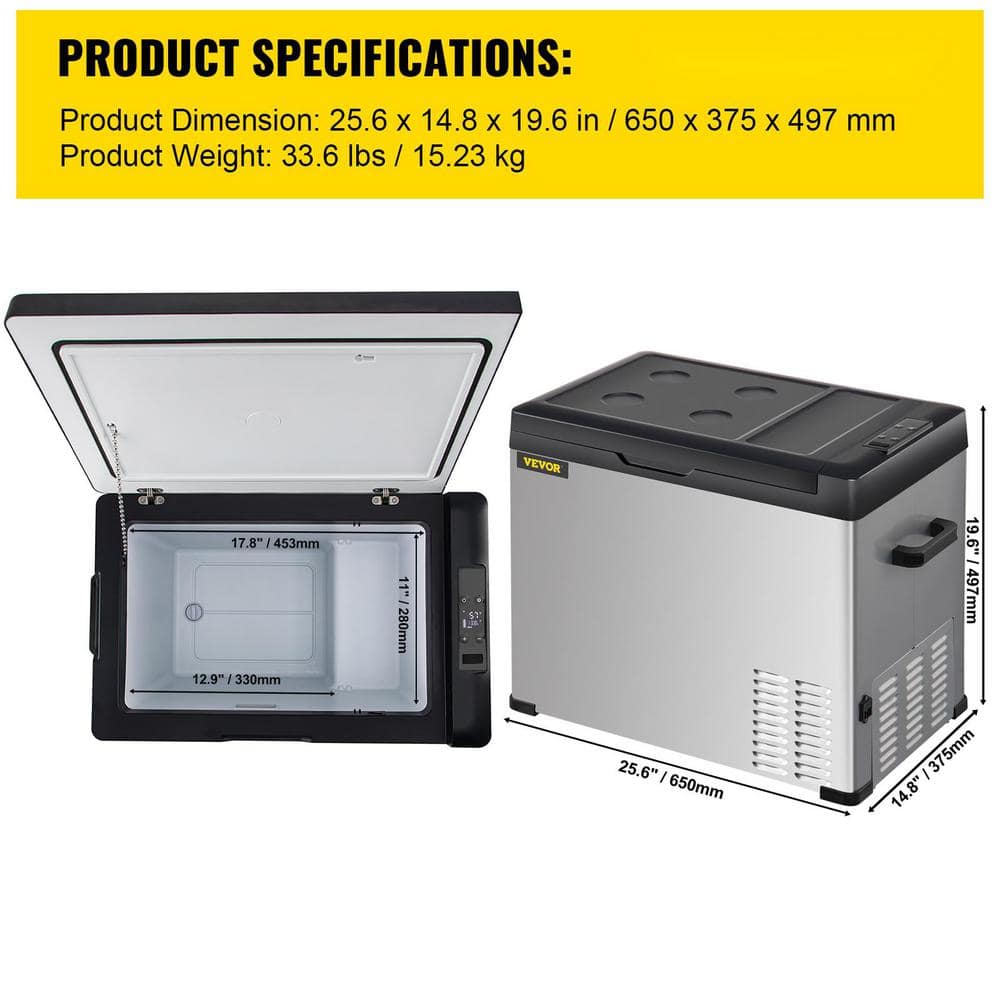 VEVOR 53 Qt Black and Silver Portable Car Refrigerator with App Control