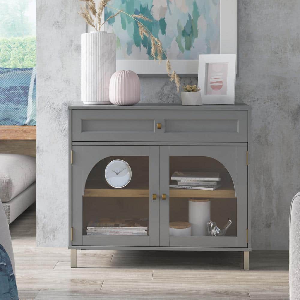 Pure Gray Glass Door Accent Cabinet with Adjustable Shelving