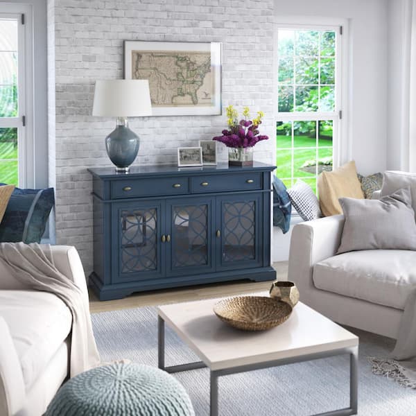 Twin Star Home Fontana Blue Wood 52 in. Sideboard with Drawers and Printed Mullion