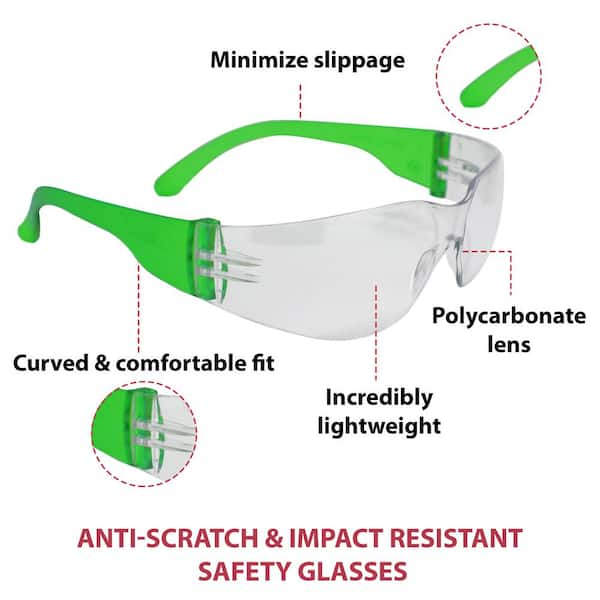 Safe Handler Green, Crystal Clear Lens Color Temple Safety glasses  (36-Pairs) BLSH-ESCR-CLLCT-SG8GR-36 - The Home Depot