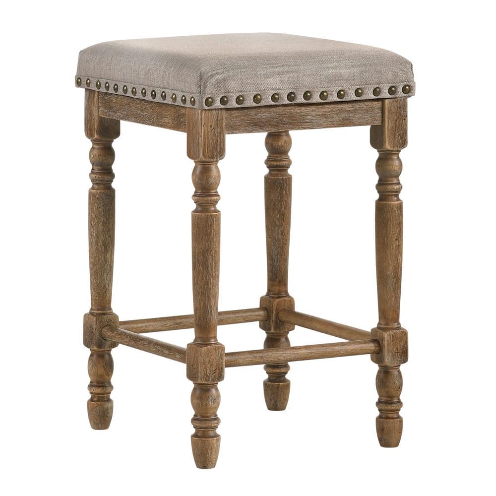 Weathered Oak Backless Counter Height Stool with Beige Upholstered Seat