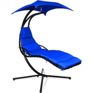 Arc Stand Outdoor Metal Porch Swing Chair, Hanging Chaise Lounger Chair with Canopy & Cushion & Built-in Pillow(Navy)
