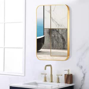 24 in. W x 32 in. H Rectangular Non-Rusting Aluminium Framed Rounded Corner Wall Bathroom Vanity Mirror in Gold