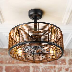Calvin 18 in. 4-Light Indoor Farmhouse Black Woven Rattan Fabric 7-Blade Drum Cage Ceiling Fan Light with Remote
