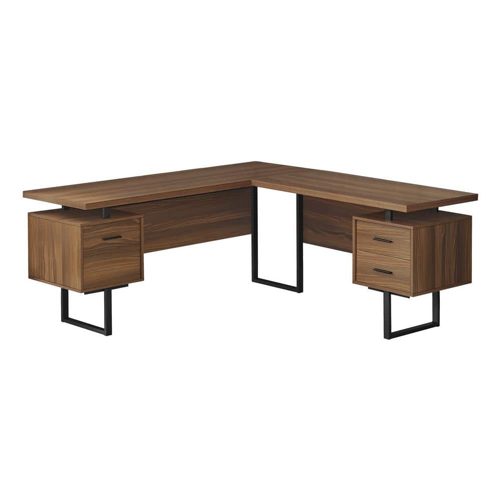 71 in. L x 71 in. W Walnut Wood-Look Black L-Shaped Computer Desk Corner 3-