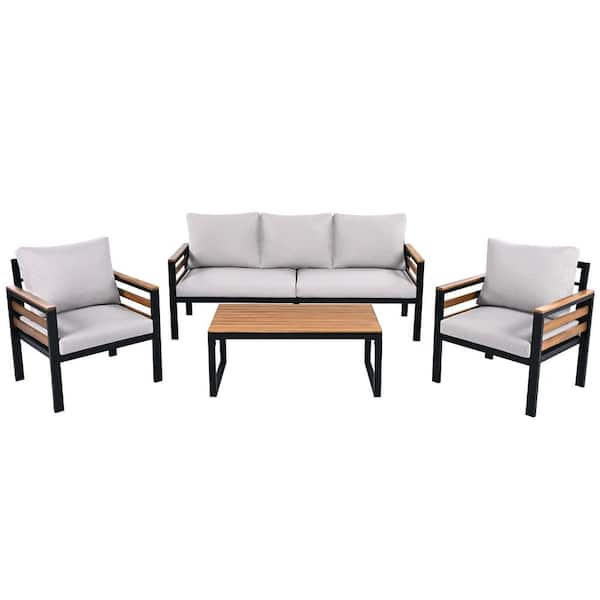 4-Pieces Black Metal Outdoor Patio Sofa Sectional Set with Removable Beige Cushions