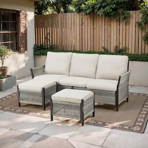 Nyajiah 3-Piece Wicker Outdoor Sofa Couch Set Patio Lounge Chair with Beige Cushions, Ottomans