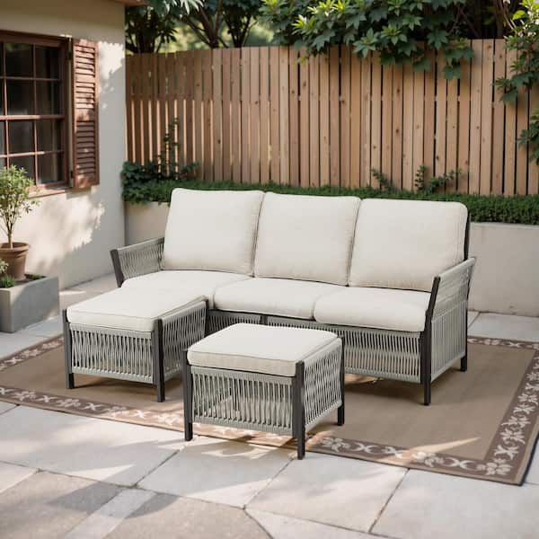 Buenaola Nyajiah 3-Piece Wicker Outdoor Sofa Couch Set Patio Lounge Chair with Beige Cushions, Ottomans