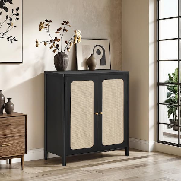 Reeve Boho Black Wood Rattan Sideboard with Adjustable Shelves,Soft-Close Hinges,Dual Cord Management,Scratch-Resistant