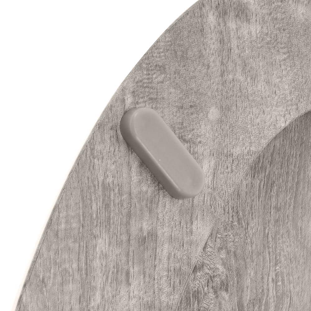 Elongated Gray Distressed Wood Veneer Toilet Seat with Chrome Hinges