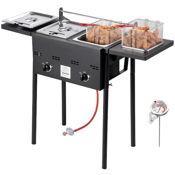 SVOPES Outdoor Propane Deep Fryer, Double Burners, 16 qt. Stainless Steel Fryer with Removable Baskets, Lids and Tanks