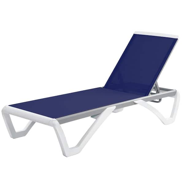 KOZYARD Full Flat Aluminum Patio Reclining Adjustable Chaise Lounge Chair for Sunbathing Beach (NavyBlue Textilence W/O Table)
