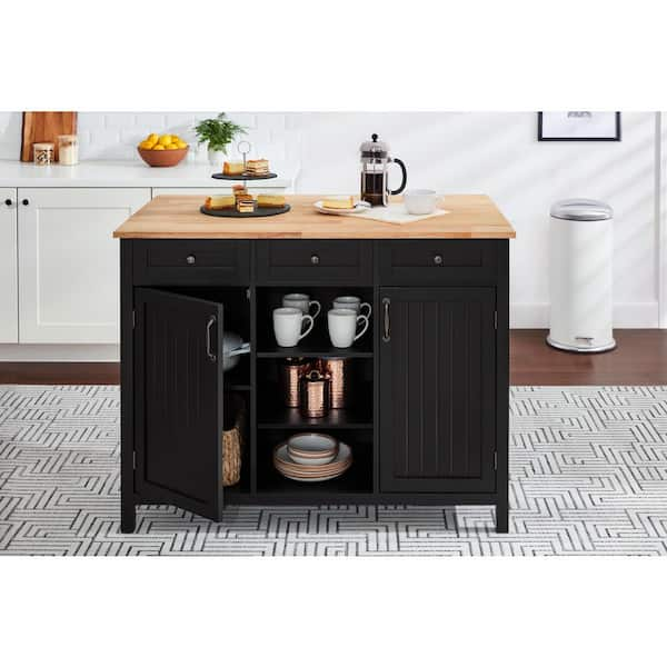 2-Level Kitchen Island with Storage Cabinet, Butcher Block