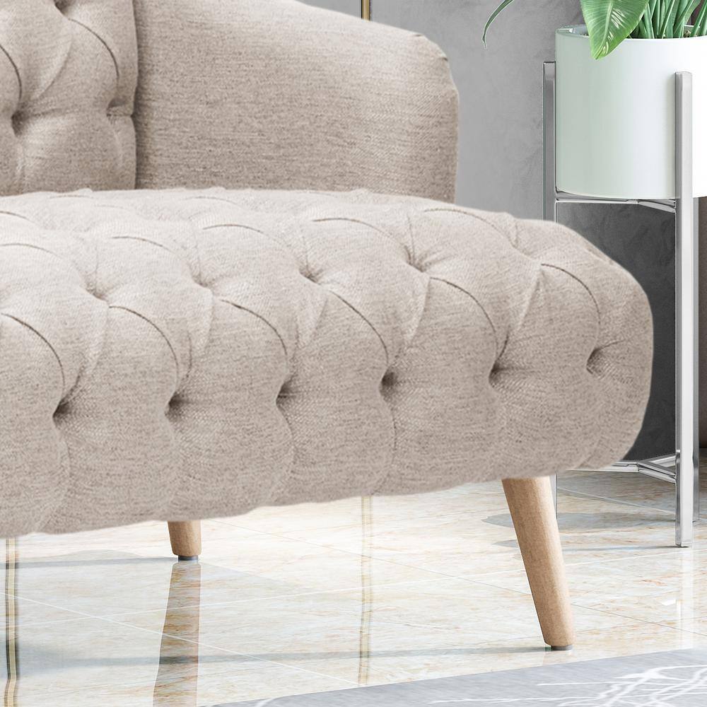 Beige Velvet Tufted Lawson Sofa with Sloped Arms and Wood Frame