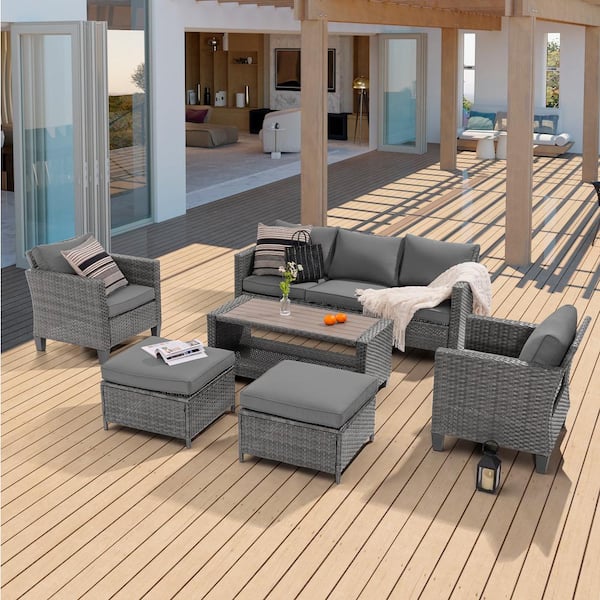 Sonkuki 6-Piece Patio Sofa Set Gray Wicker Outdoor Furniture Set with Coffee Table, Gray