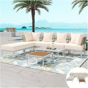 8-Piece Metal Outdoor Sectional Sofa Set with Tempered Glass Coffee Table and Wooden Coffee Table, Beige Cushions