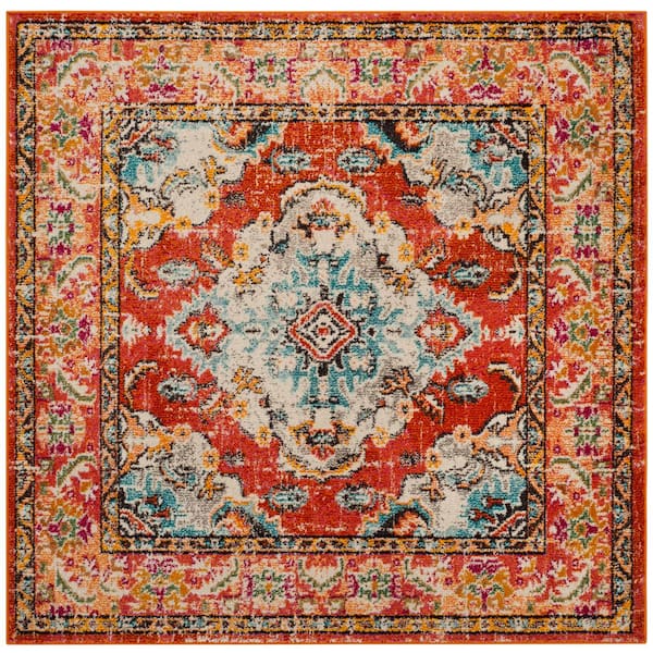 SAFAVIEH Monaco 5 ft. x 5 ft. Orange/Light Blue Distressed Border Medallion Square Area Rug