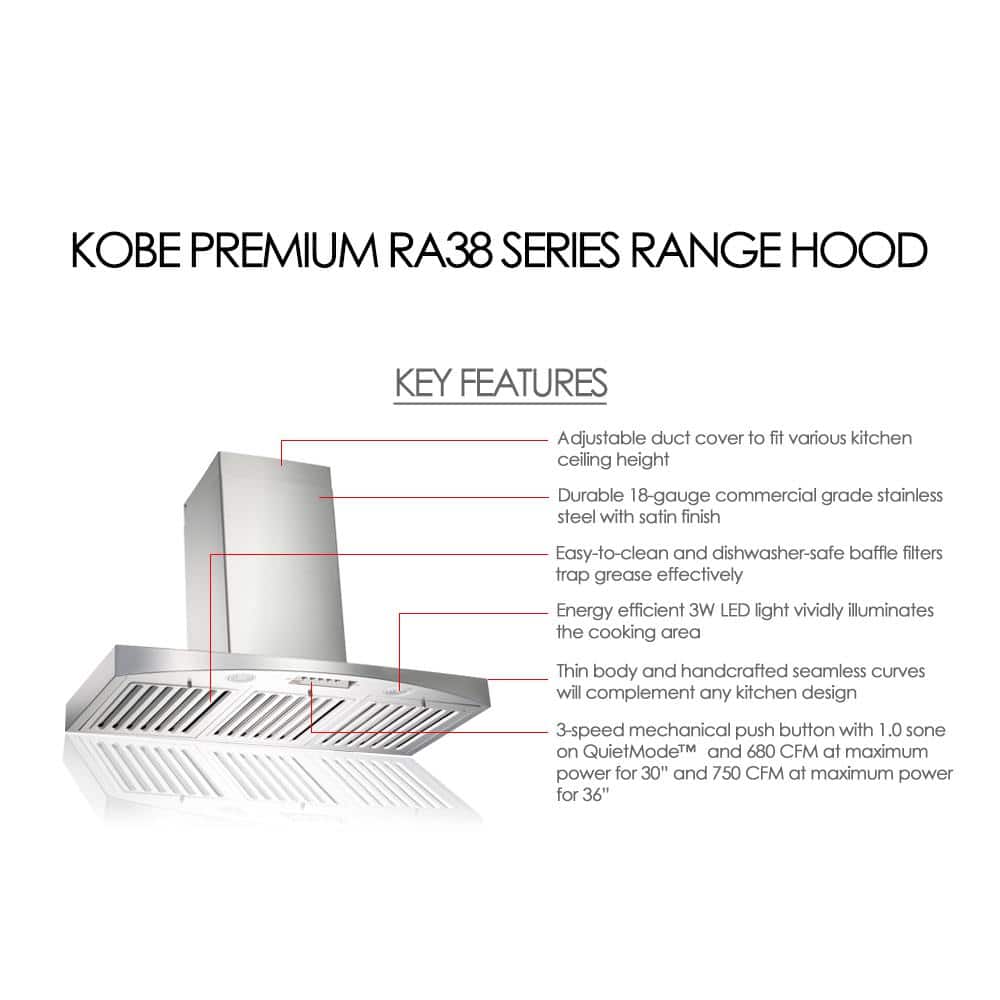 36-Inch Stainless Steel Wall Mount Range Hood with LED Lights