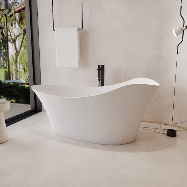 67 in. x 33.5 in. Stone Resin Solid Surface Single Slipper Freestanding Flatbottom Soaking Bathtub in Matte White
