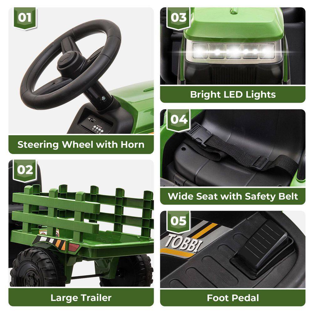 12V Green Ride-On Tractor with Trailer and LED Lights