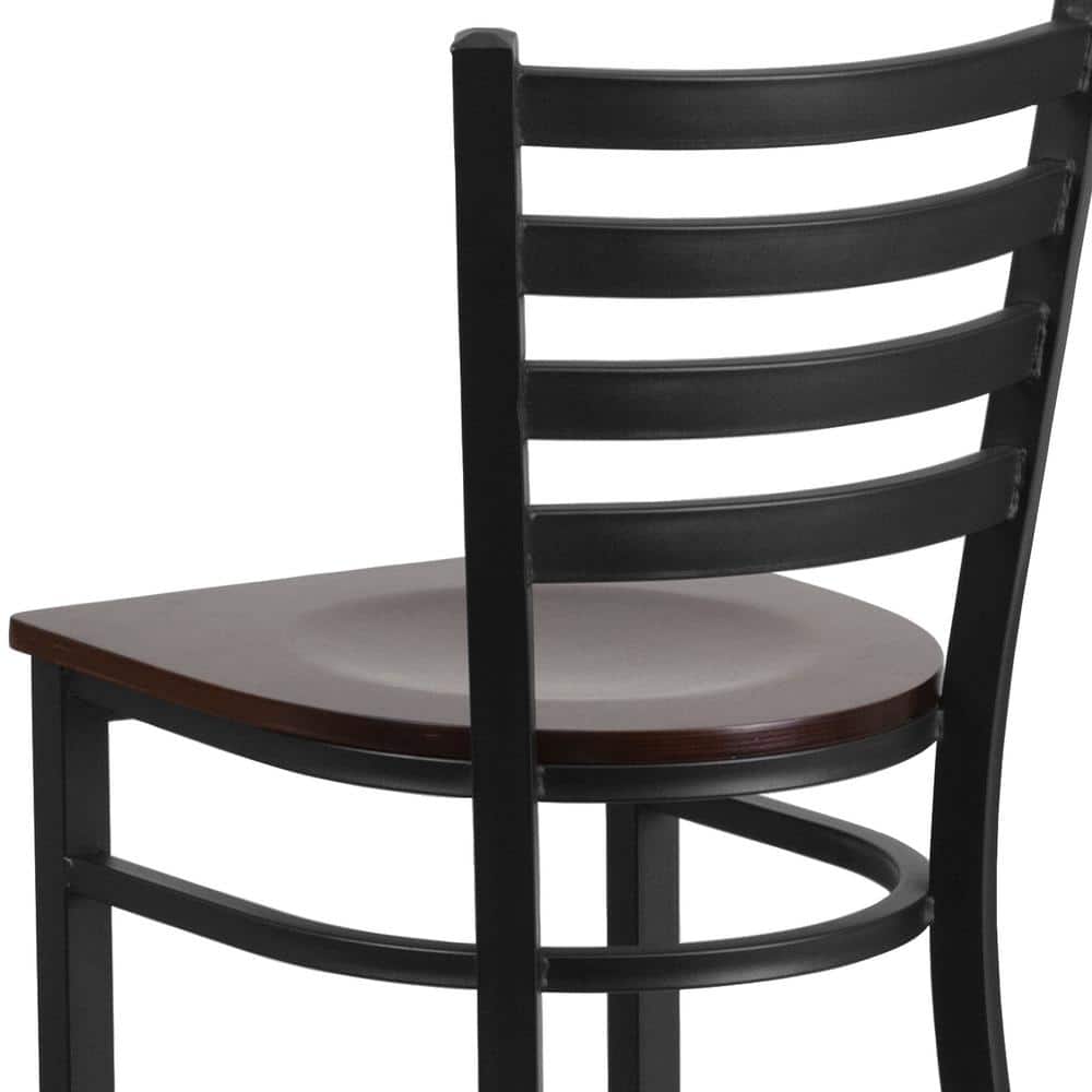 Walnut Wood and Black Metal Ladder Back Barstool