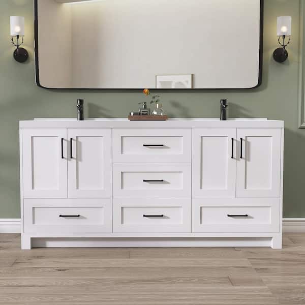 Getpro 72 in. W x 22 in. D White Bath Vanity Double Basin Freestanding Solid Wood Bathroom Cabinet with White Solid Surface Top