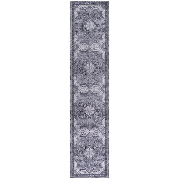 Nourison Washables Charcoal Grey 2 ft. x 8 ft. Center medallion Traditional Runner Area Rug