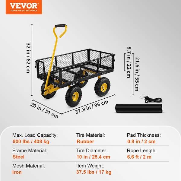 VEVOR 3.8 cu. ft. Steel Garden Cart Heavy-Duty 900 lbs. Capacity Utility  Metal Wagon with 180° Rotating Handle  10 in. Tires ZXHYTCHSBB880VFY8V0  The Home Depot