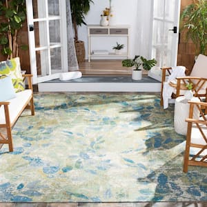 Barbados Blue/Ivory 7 ft. x 7 ft. Square Abstract Leaf Indoor/Outdoor Area Rug