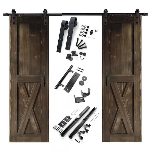 HOMACER 28 in. x 84 in. X-Frame Ebony Double Pine Wood Interior Sliding Barn Door with Hardware Kit Non-Bypass