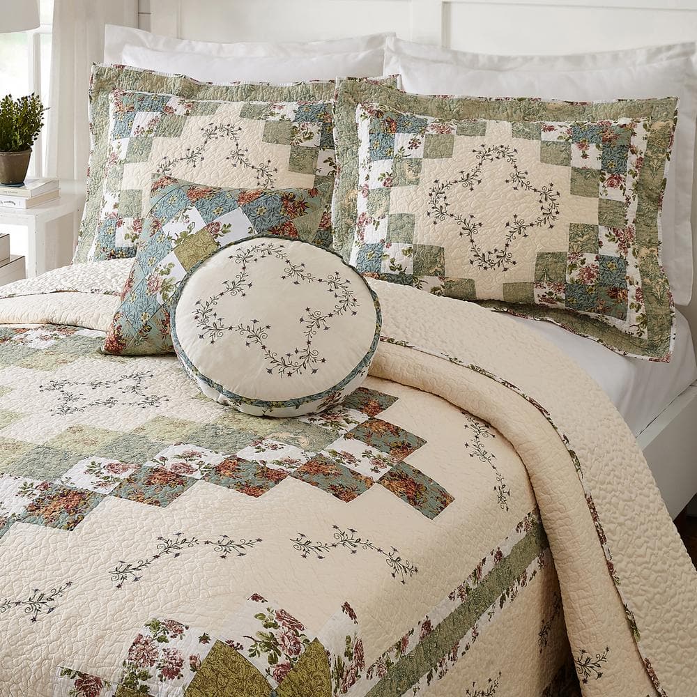 Olivia Green and Cream Cotton Queen Bedspread with Floral Embroidery